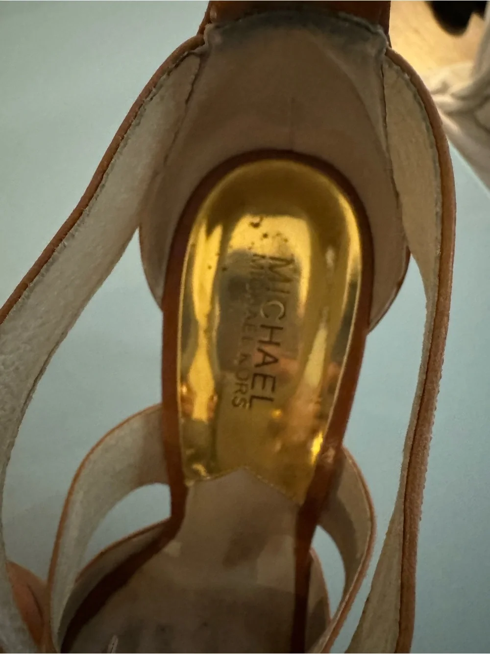 Michael Kors Women’s Tan Leather Platform Sandals with Gold Zip Accent Size 8.5